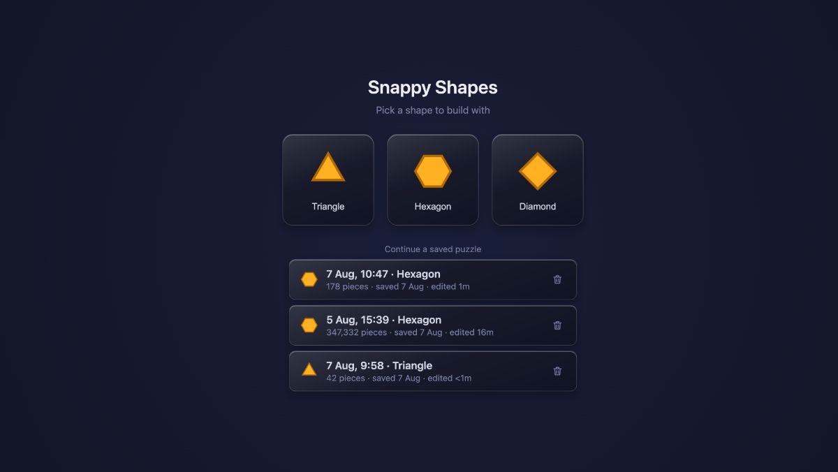 The shape picker and saved puzzle list